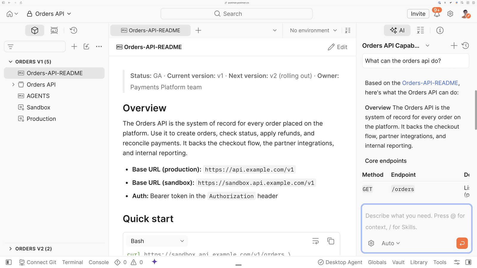 The Orders API workspace in Postman, with the README as a Document and Postman AI answering questions about it